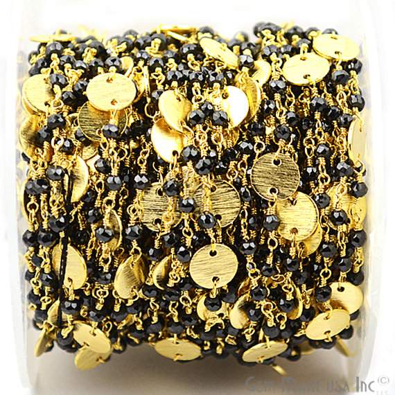 Black Spinel Faceted 3-3.5mm Gold Plated Wire Wrapped Beads Rosary Chain (762924138543)