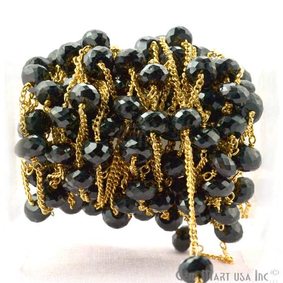 Black Spinel 7-8mm Gold Plated Wire Wrapped Rondelle Beads Chain (762929053743)
