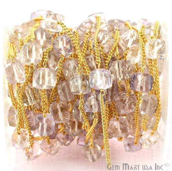Crystal Box 6-7mm Beads Chain, Gold Plated Wire Wrapped Rosary Chain (762938851375)