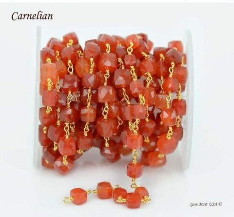 Carnelian Cube 5-6mm Gold Plated Wire Wrapped Beads Rosary Chain (762942586927)