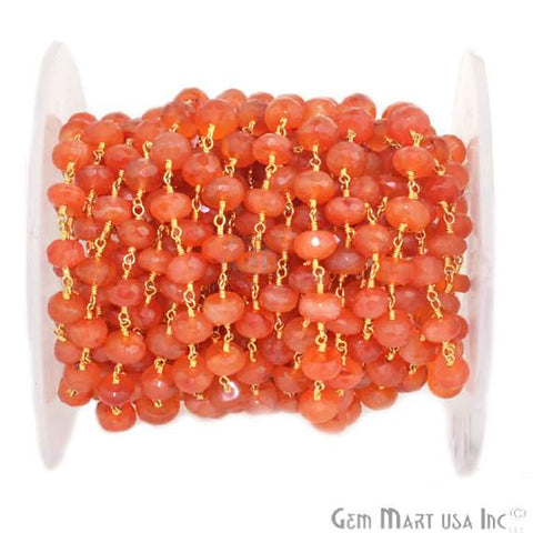 Carnelian 7-8mm Beads Chain, Gold Plated Wire Wrapped Rosary Chain (762945044527)