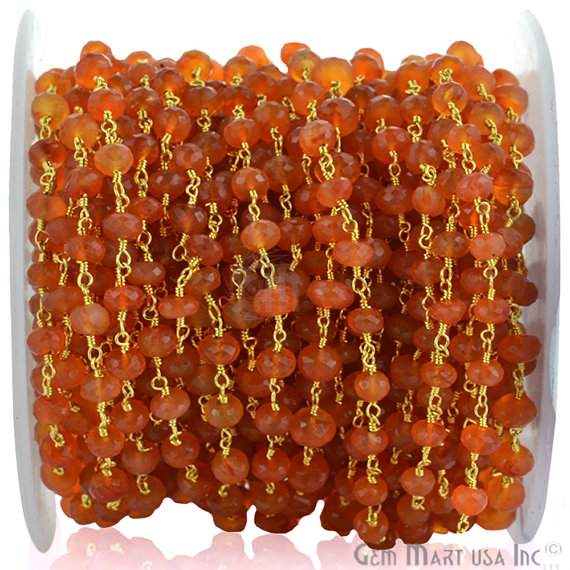 Carnelian 5-6mm Beads Chain, Gold Plated Wire Wrapped Rosary Chain (762945863727)