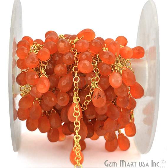 Carnelian Tear Drop Beads Gold Wire Wrapped Cluster Dangle Rosary Chain - GemMartUSA (762946519087)