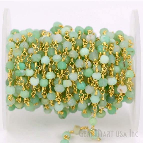 Chrysoprase 3-3.5mm Gold Plated Wire Wrapped Beads Rosary Chain (762947076143)