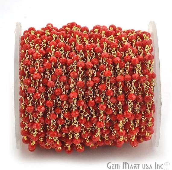 Red Coral 3-3.5mm Gold Plated Wire Wrapped Beads Rosary Chain (762953465903)