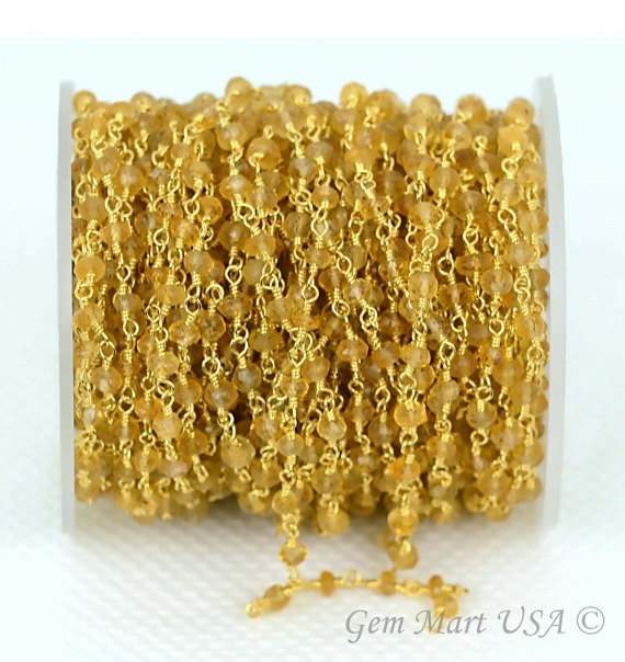 citrine 3-3.5mm Gold Plated Wire Wrapped Beads Rosary Chain (762954186799)