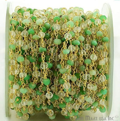 Chrysoprase With Crystal 3-3.5mm Gold Plated Wire Wrapped Beads Rosary Chain (762958151727)