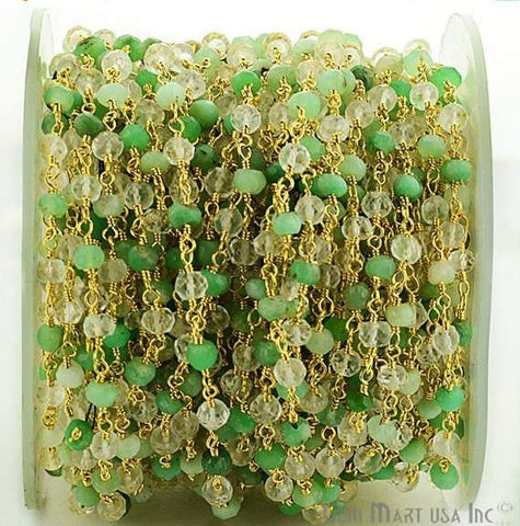 Chrysoprase With Crystal 3-3.5mm Gold Plated Wire Wrapped Beads Rosary Chain (762958151727)