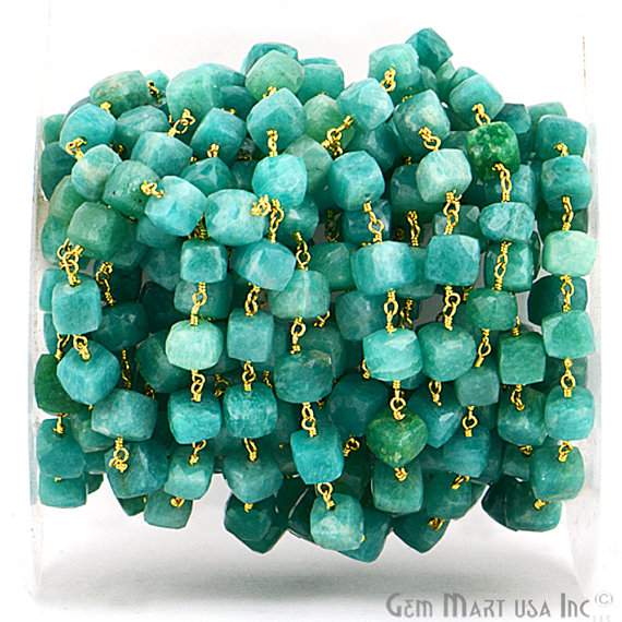 Dark Amazonite Box 5-6mm Gold Plated Wire Wrapped Beads Rosary Chain (762958807087)