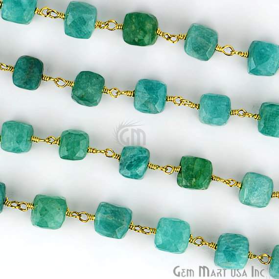 Dark Amazonite Box 5-6mm Gold Plated Wire Wrapped Beads Rosary Chain (762958807087)