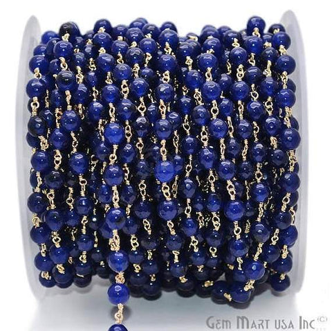 Dark Blue Jade Faceted Beads Gold Plated Wire Wrapped Rosary Chain (762960248879)