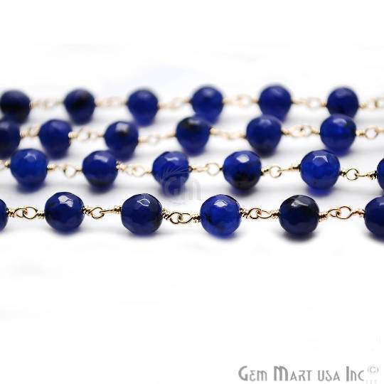 Dark Blue Jade Faceted Beads Gold Plated Wire Wrapped Rosary Chain (762960248879)