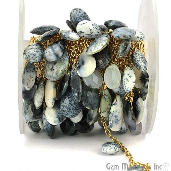 Dendrite Opal Faceted Gold Wire Wrappped Briolette Beads Rosary Chain - GemMartUSA (763657289775)