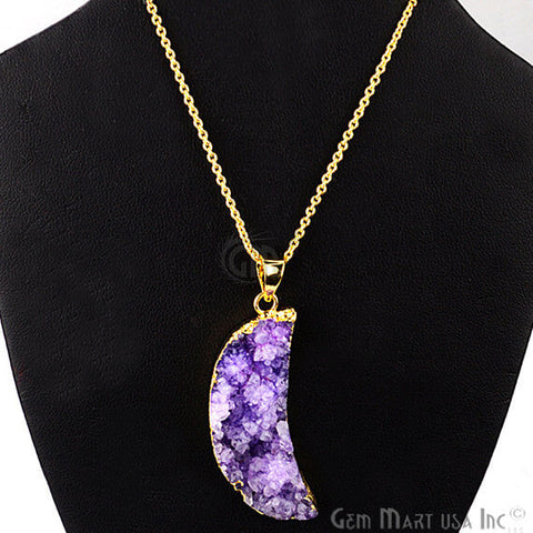 One Of A Kind Purple Rough Druzy 15X46mm Gold Electroplated 18 Inch Chain With Pendant - GemMartUSA