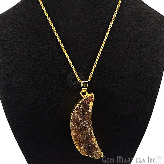 One Of A Kind Brown Rough Druzy 14X50mm Gold Electroplated 18 Inch Chain With Pendant - GemMartUSA