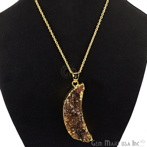 One Of A Kind Brown Rough Druzy 14X50mm Gold Electroplated 18 Inch Chain With Pendant - GemMartUSA