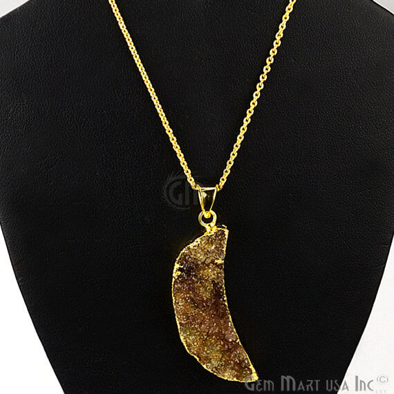 One Of A Kind Brown Rough Druzy 46X14mm Gold Electroplated 18 Inch Chain With Pendant - GemMartUSA