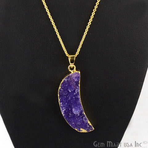 One Of A Kind Blue Rough Druzy 16X46mm Gold Electroplated 18 Inch Chain With Pendant - GemMartUSA