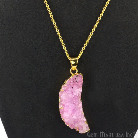 One Of A Kind Pink Rough Druzy 14X43mm Gold Electroplated 18 Inch Chain With Pendant - GemMartUSA