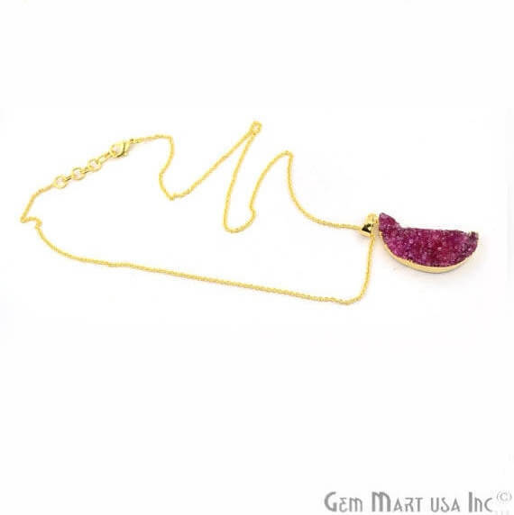 One Of A Kind Pink Rough Druzy 44X15mm Gold Electroplated 18 Inch Chain With Pendant - GemMartUSA