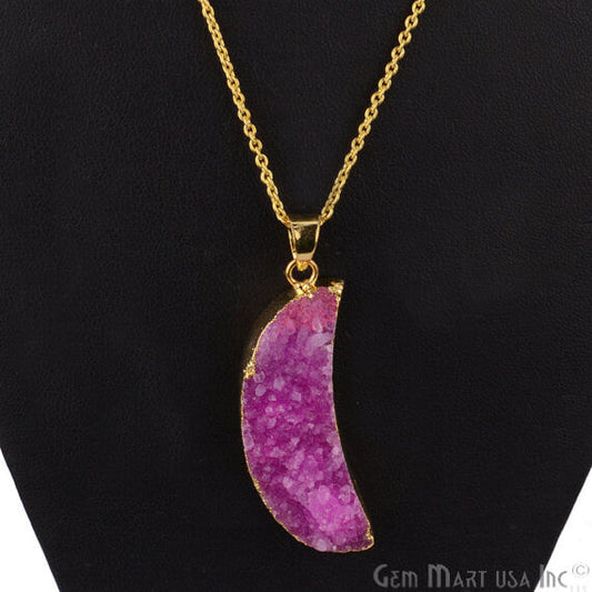 One Of A Kind Pink Rough Druzy 13X42mm Gold Electroplated 18 Inch Chain With Pendant - GemMartUSA