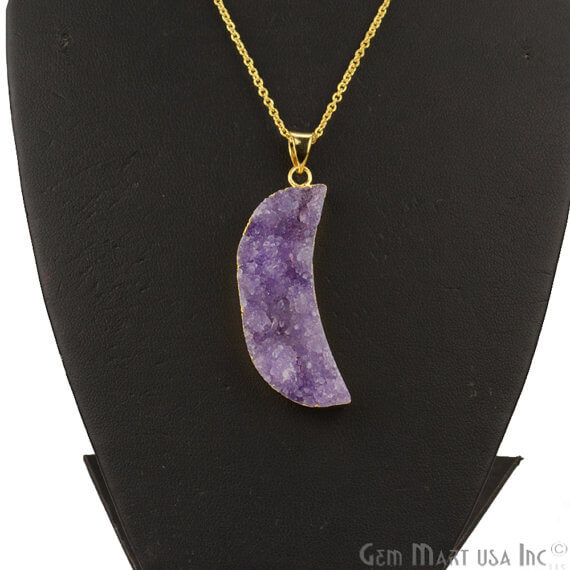One Of A Kind Purple Rough Druzy 13X50mm Gold Electroplated 18 Inch Chain With Pendant - GemMartUSA