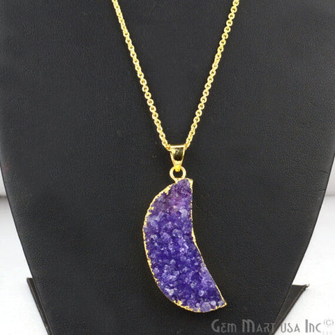 One Of A Kind Blue Rough Druzy 16x45mm Gold Electroplated 18 Inch Chain With Pendant - GemMartUSA