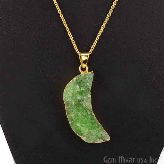 One Of A Kind Green Rough Druzy 43x14mm Gold Electroplated 18 Inch Chain With Pendant - GemMartUSA