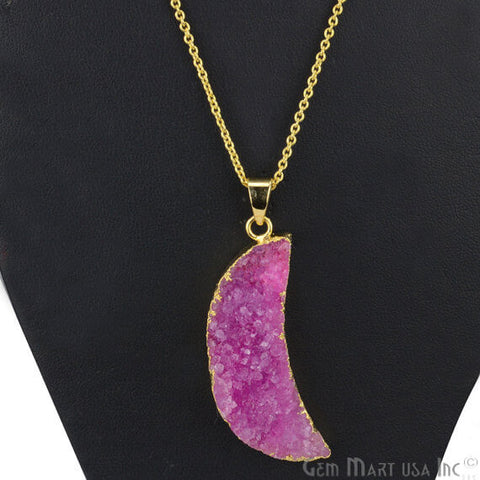 One Of A Kind Pink Rough Druzy 15x48mm Gold Electroplated 18 Inch Chain With Pendant - GemMartUSA