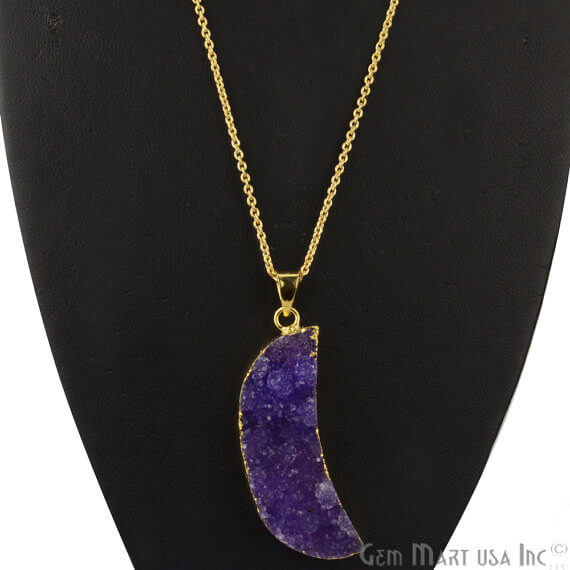 One Of A Kind Blue Rough Druzy 47x14mm Gold Electroplated 18 Inch Chain With Pendant - GemMartUSA