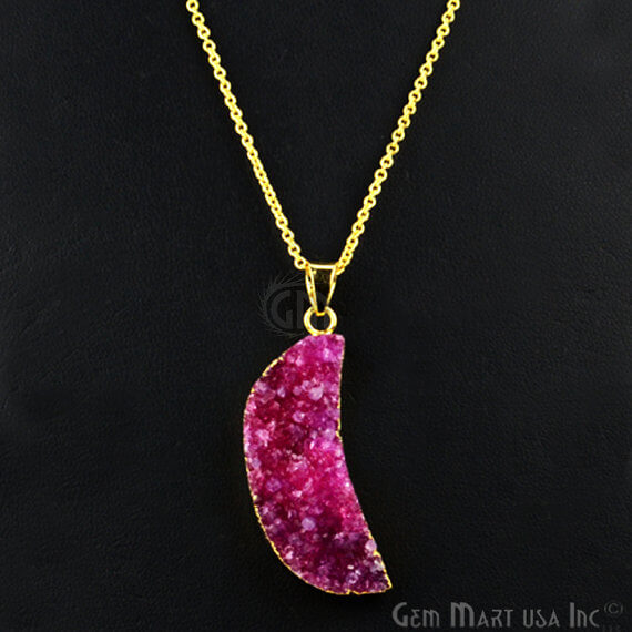 One Of A Kind Pink Rough Druzy 44x14mm Gold Electroplated 18 Inch Chain With Pendant - GemMartUSA