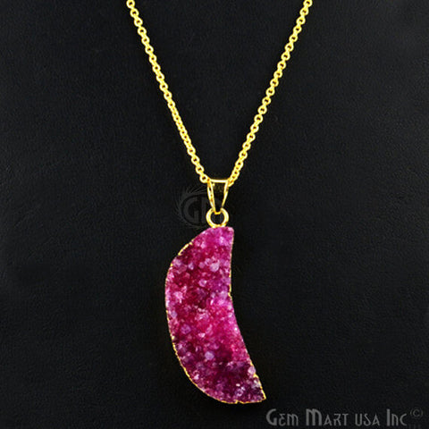 One Of A Kind Pink Rough Druzy 44x14mm Gold Electroplated 18 Inch Chain With Pendant - GemMartUSA