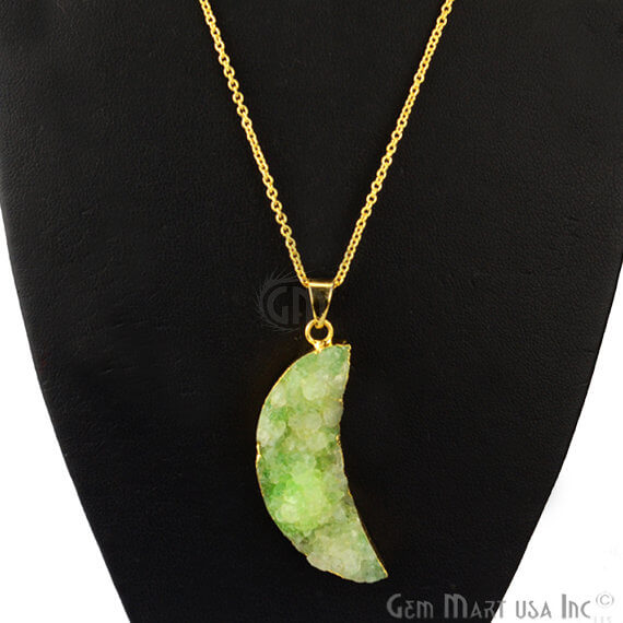 One Of A Kind Green Rough Druzy 47x16mm Gold Electroplated 18 Inch Chain With Pendant - GemMartUSA