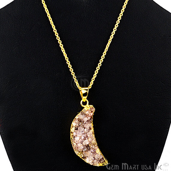 One Of A Kind Brown Rough Druzy 40x14mm Gold Electroplated 18 Inch Chain With Pendant - GemMartUSA