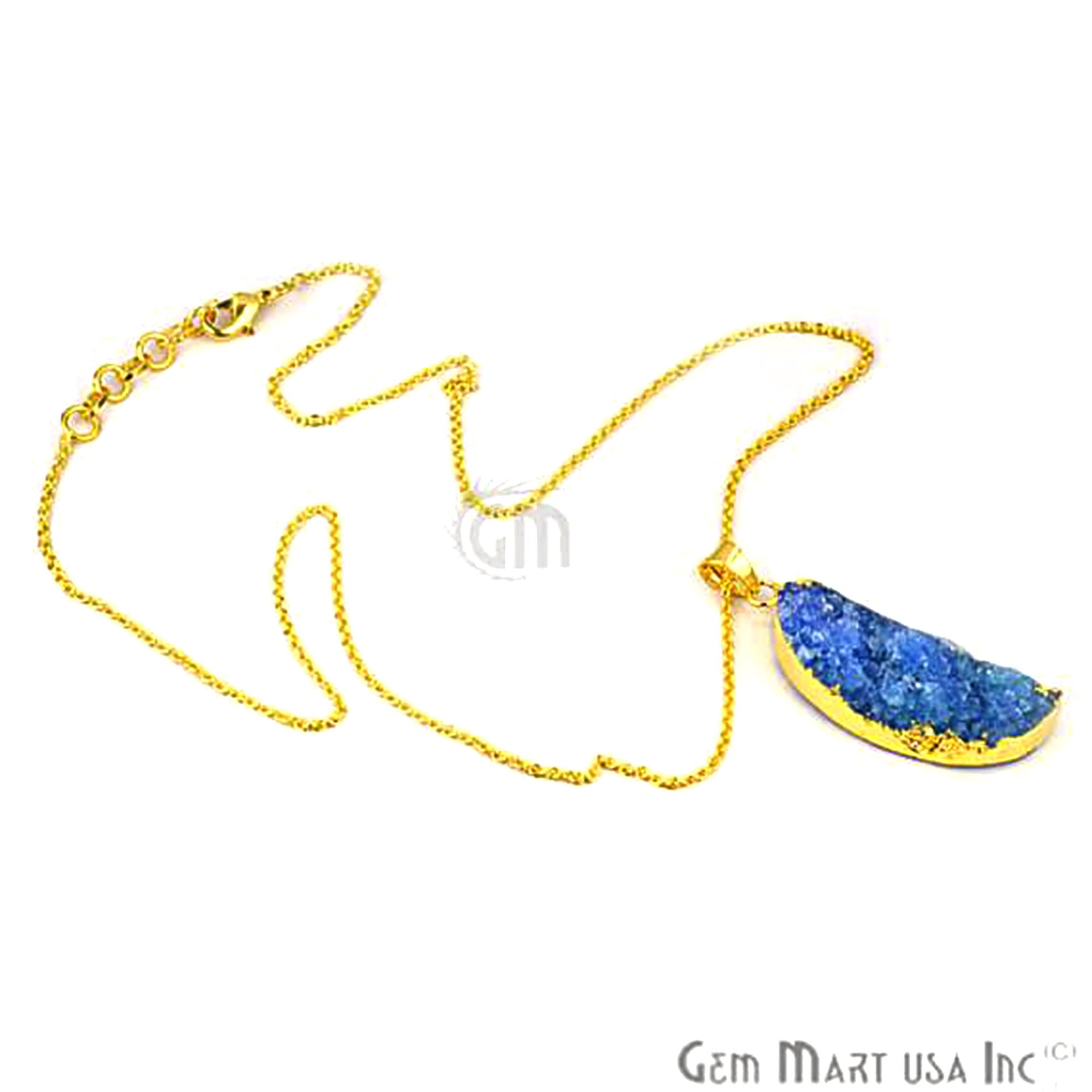 One Of A Kind Blue Rough Druzy 45x15mm Gold Electroplated 18 Inch Chain With Pendant - GemMartUSA