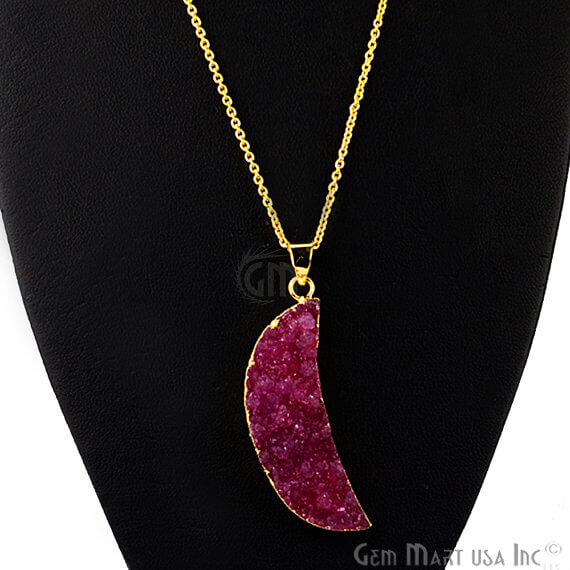 One Of A Kind Pink Rough Druzy 47x13mm Gold Electroplated 18 Inch Chain With Pendant - GemMartUSA