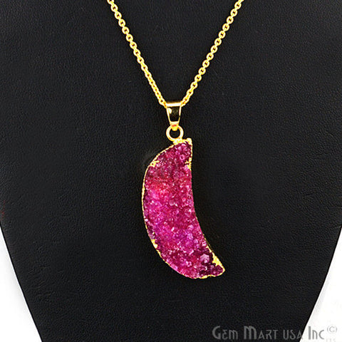 One Of A Kind Pink Rough Druzy 14x48mm Gold Electroplated 18 Inch Chain With Pendant - GemMartUSA