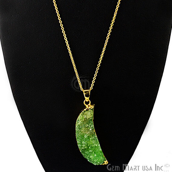 One Of A Kind Green Rough Druzy 48x14mm Gold Electroplated 18 Inch Chain With Pendant - GemMartUSA