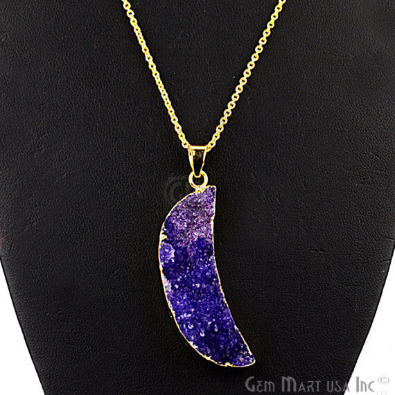 One Of A Kind Blue Rough Druzy 50x14mm Gold Electroplated 18 Inch Chain With Pendant - GemMartUSA