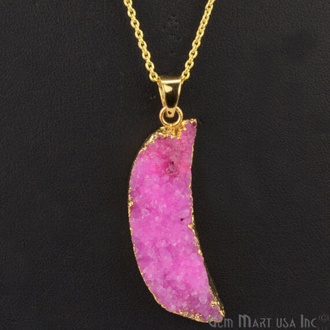One Of A Kind Pink Rough Druzy 46x13mm Gold Electroplated 18 Inch Chain With Pendant - GemMartUSA