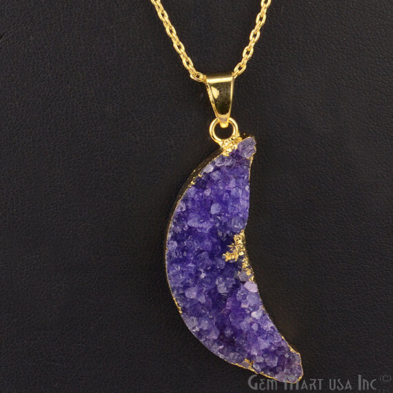One Of A Kind Blue Rough Druzy 46x14mm Gold Electroplated 18 Inch Chain With Pendant - GemMartUSA