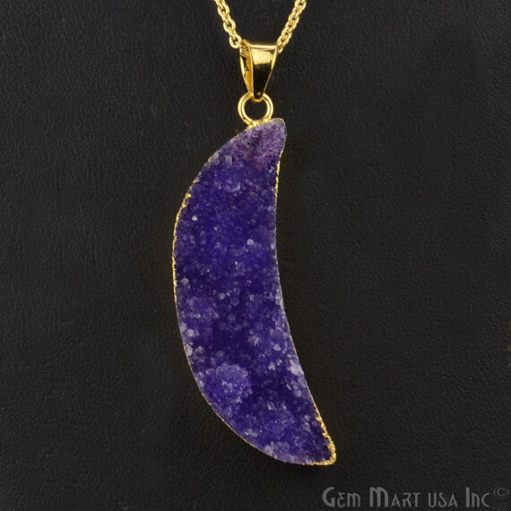 One Of A Kind Blue Rough Druzy 14x51mm Gold Electroplated 18 Inch Chain With Pendant - GemMartUSA