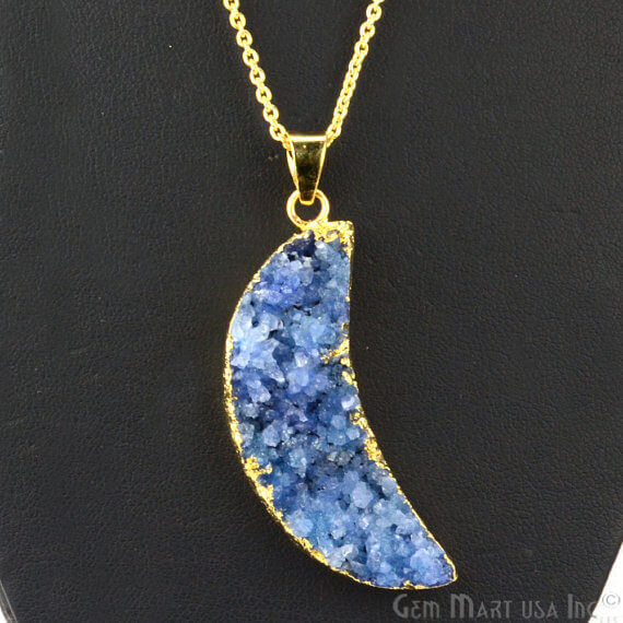 One Of A Kind Blue Rough Druzy 47x15mm Gold Electroplated 18 Inch Chain With Pendant - GemMartUSA