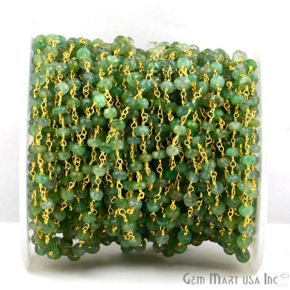 Emerald 4mm Gold Plated Wire Wrapped Beads Rosary Chain - GemMartUSA (763660763183)