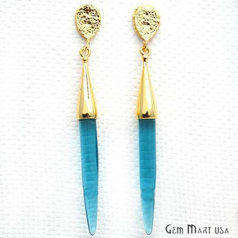 Hydro Blue Topaz Spike Earring, 65x7mm Spike Shape 24k Gold Plated Gemstone Stud Earring (GPHB-90014) - GemMartUSA (763341799471)