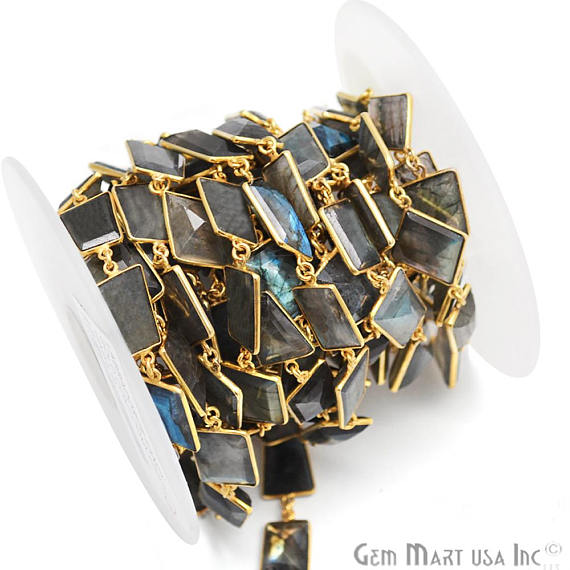 Labradorite 15mm Mix Facted Gold Bezel Continuous Connector Chain, - GemMartUSA (763990179887)