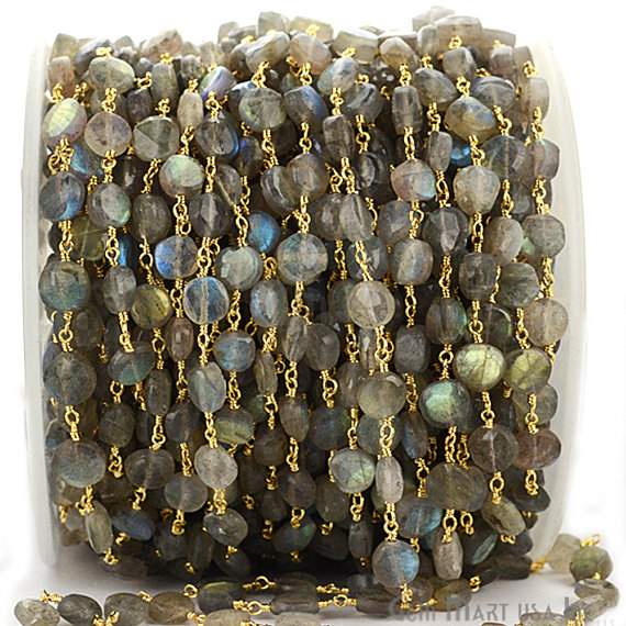 Labradorite Coin Gold Plated Wire Wrapped Beads Rosary Chain - GemMartUSA (763748057135)