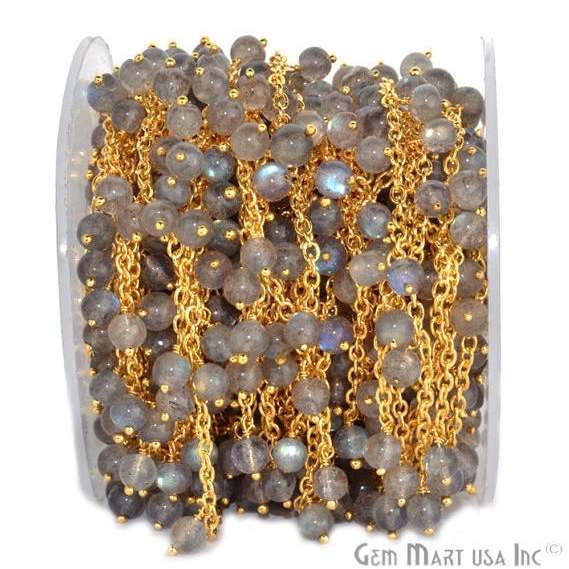 Labradorite Faceted Beads Gold Wire Wrapped Cluster Dangle Rosary Chain - GemMartUSA (763754414127)