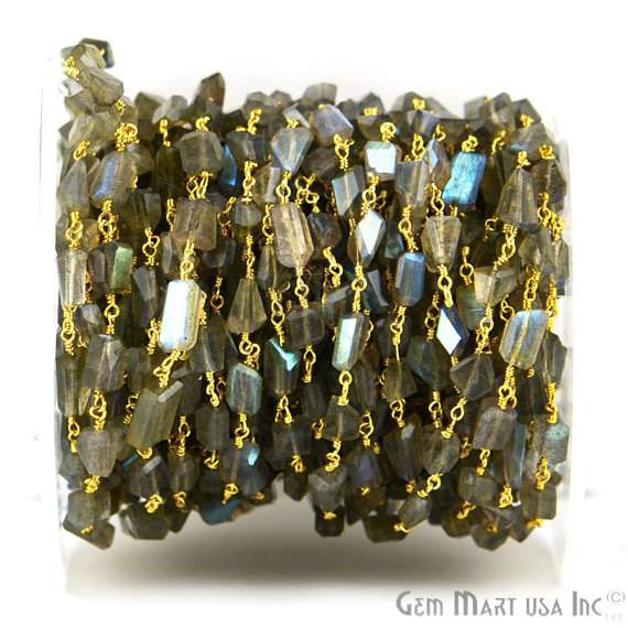 Labradorite Beads Gold Plated Wire Wrapped Rosary Chain - GemMartUSA (763757133871)