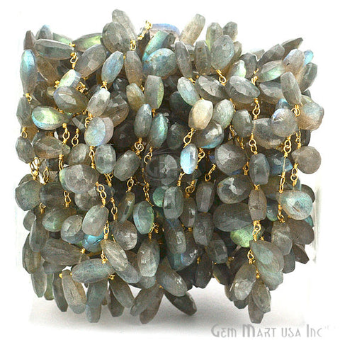 Labradorite Briolette Beads Gold Wire Wrapped Dangle Rosary Chain - GemMartUSA (763878244399)